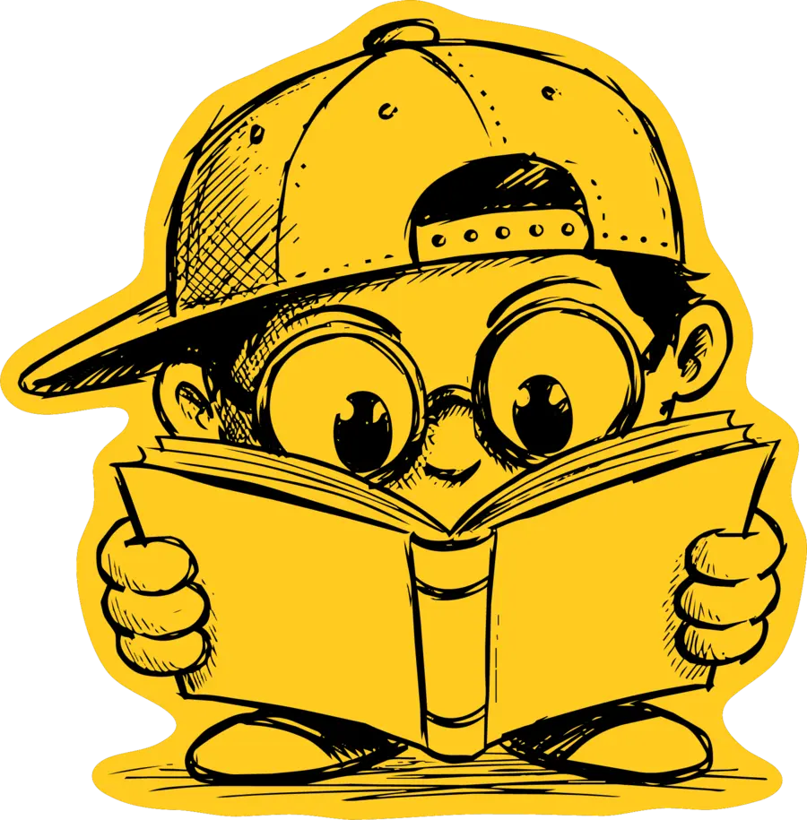 The Arteleo mascot, a kid in a cap reading a book